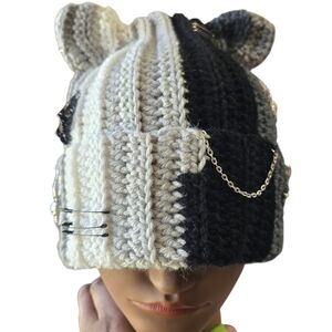 Black/Gray Beanie w/Pins, chains, charms Adult Unisex, HandmadeByMe, OFFERS OPEN